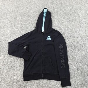 Reebok Hoodie Girls L 10/12 Black Zip Sweatshirt Sweater Jacket Active Youth Kid